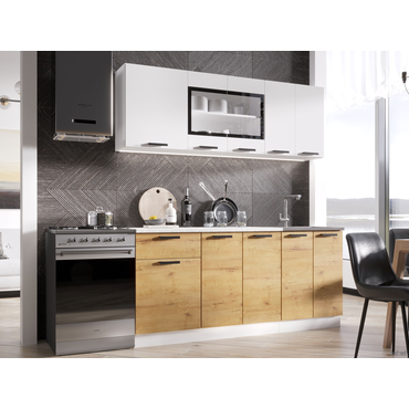 Кухонный гарнитур Эра Хозяюшка 180 см Белый гладкий / Дуб Вотан / столешница Калаката Белый гладкий / Дуб Вотан / столешница Калаката