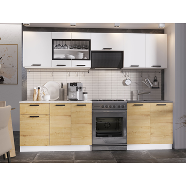 Кухонный гарнитур Эра Хозяюшка 260 см Белый гладкий / Дуб Вотан / столешница Калаката Белый гладкий / Дуб Вотан / столешница Калаката