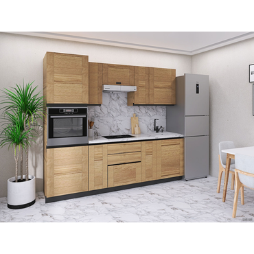 Кухонный гарнитур СБК Сити 240 см Белый / Дуб Галифакс Со шкафом под вытяжку и столом под плиту