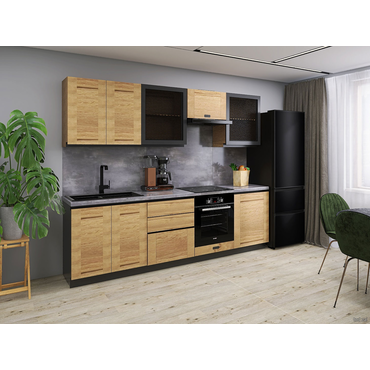 Кухонный гарнитур СБК Сити 260 см Белый / Дуб Галифакс / Черное стекло Белый / Дуб Галифакс / Черное стекло